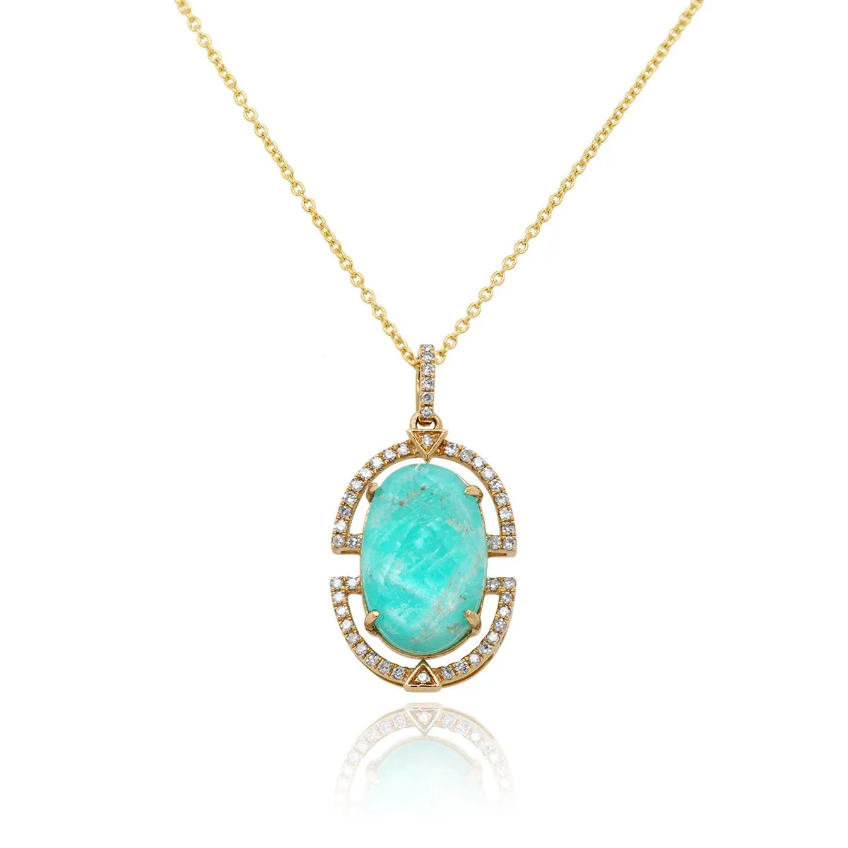 MODERN STYLE YELLOW GOLD AMAZONITE AND DIAMOND NECKLACE PENDANT, .13 CT TW