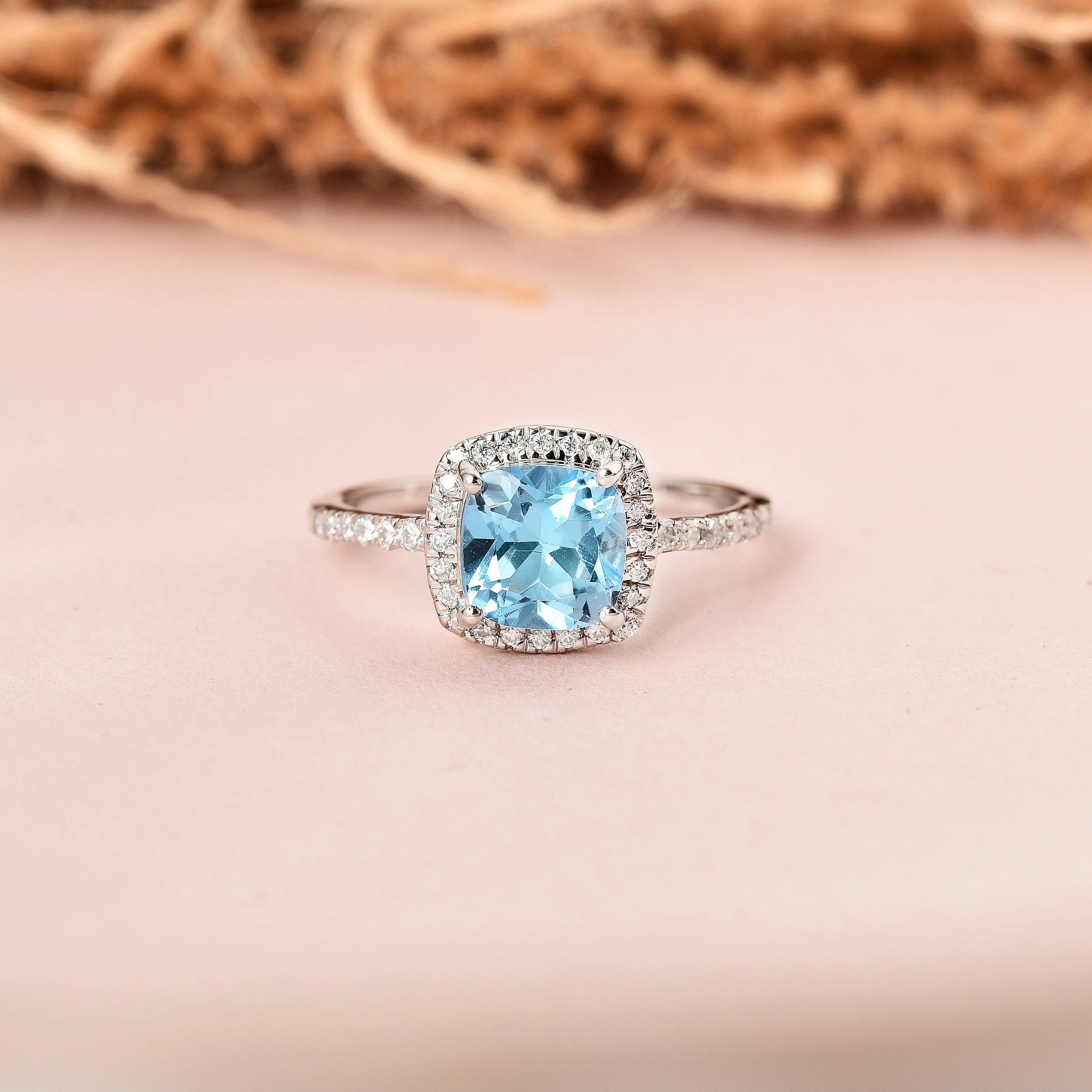 Natural Blue Topaz Cushion Halo Ring