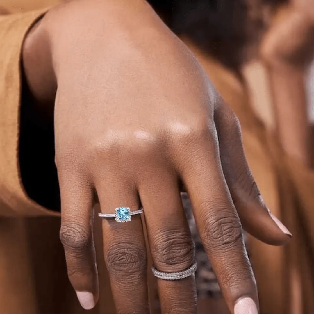 Natural Blue Topaz Cushion Halo Ring