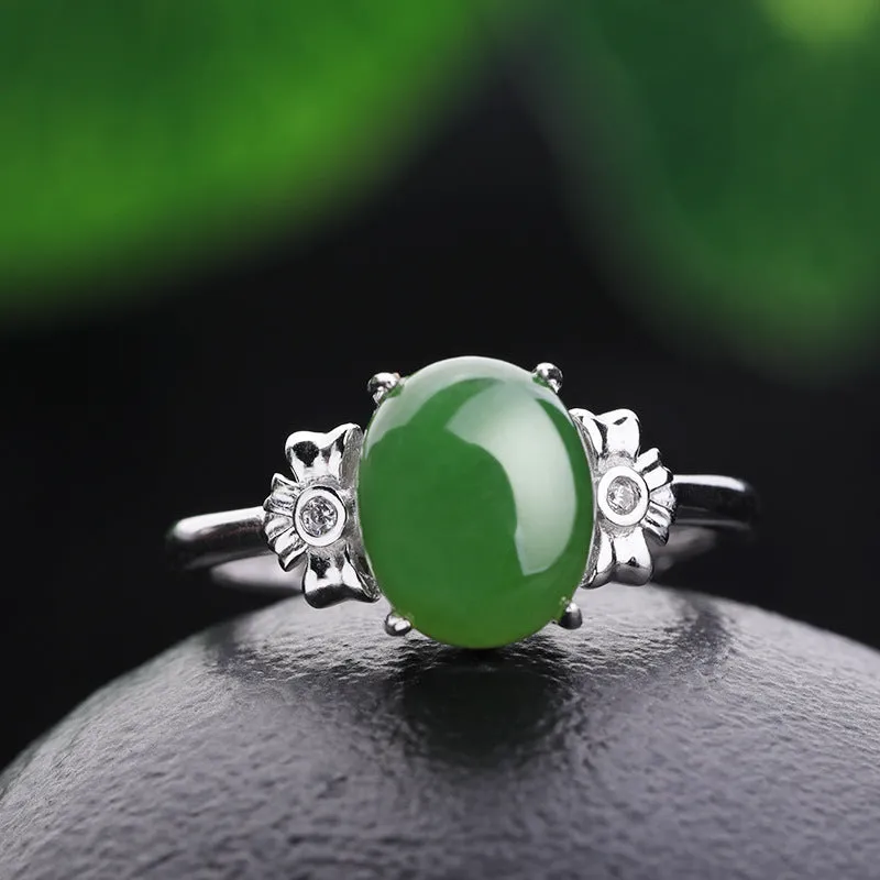 Natural Jade Ring Nephrite Silver Adjustable Ring ZNRG152