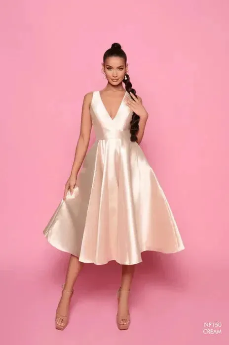 NICOLETTA v-neck mikado satin cocktail gown