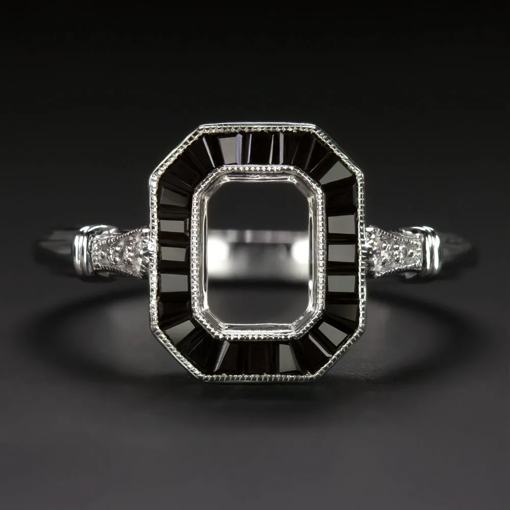 ONYX DIAMOND ENGAGEMENT RING SETTING RADIANT EMERALD CUT VINTAGE STYLE ART DECO