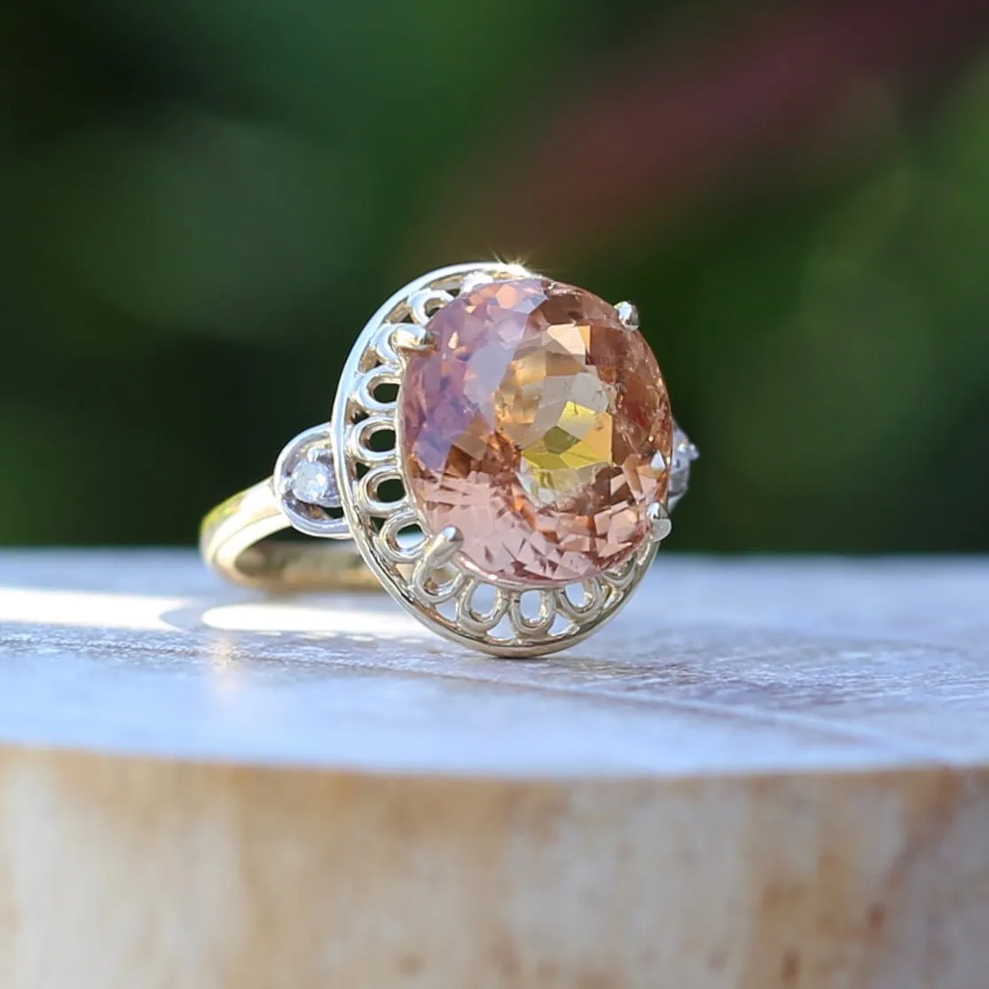 Oval Peach Tourmaline Ring with Pierced Wire Surrounds and Diamonds in the Shoulders, 9ct Yellow Gold, size N or 6.75