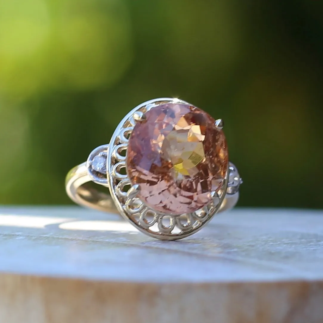 Oval Peach Tourmaline Ring with Pierced Wire Surrounds and Diamonds in the Shoulders, 9ct Yellow Gold, size N or 6.75