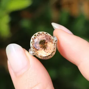 Oval Peach Tourmaline Ring with Pierced Wire Surrounds and Diamonds in the Shoulders, 9ct Yellow Gold, size N or 6.75