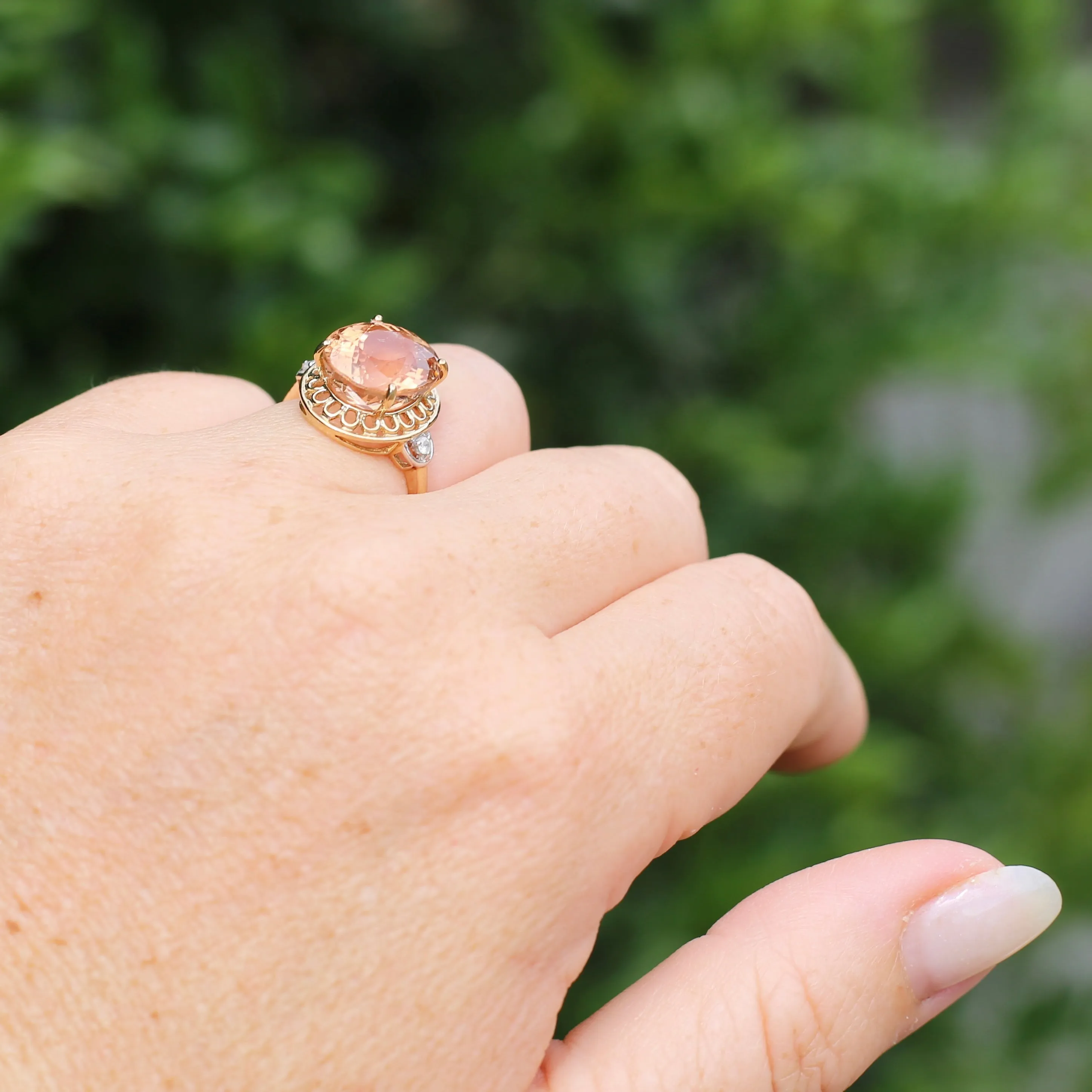 Oval Peach Tourmaline Ring with Pierced Wire Surrounds and Diamonds in the Shoulders, 9ct Yellow Gold, size N or 6.75