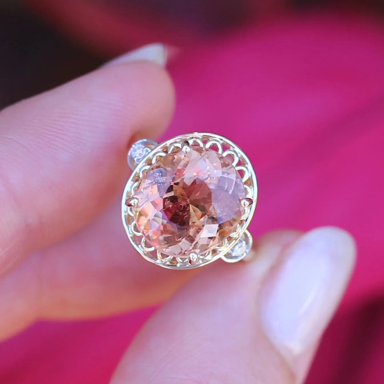 Oval Peach Tourmaline Ring with Pierced Wire Surrounds and Diamonds in the Shoulders, 9ct Yellow Gold, size N or 6.75