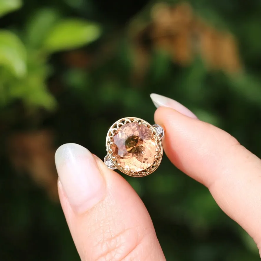 Oval Peach Tourmaline Ring with Pierced Wire Surrounds and Diamonds in the Shoulders, 9ct Yellow Gold, size N or 6.75