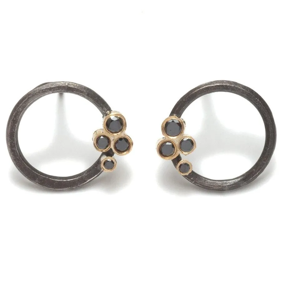 Oxidized Hoop Studs and Diamonds Cluster Earrings