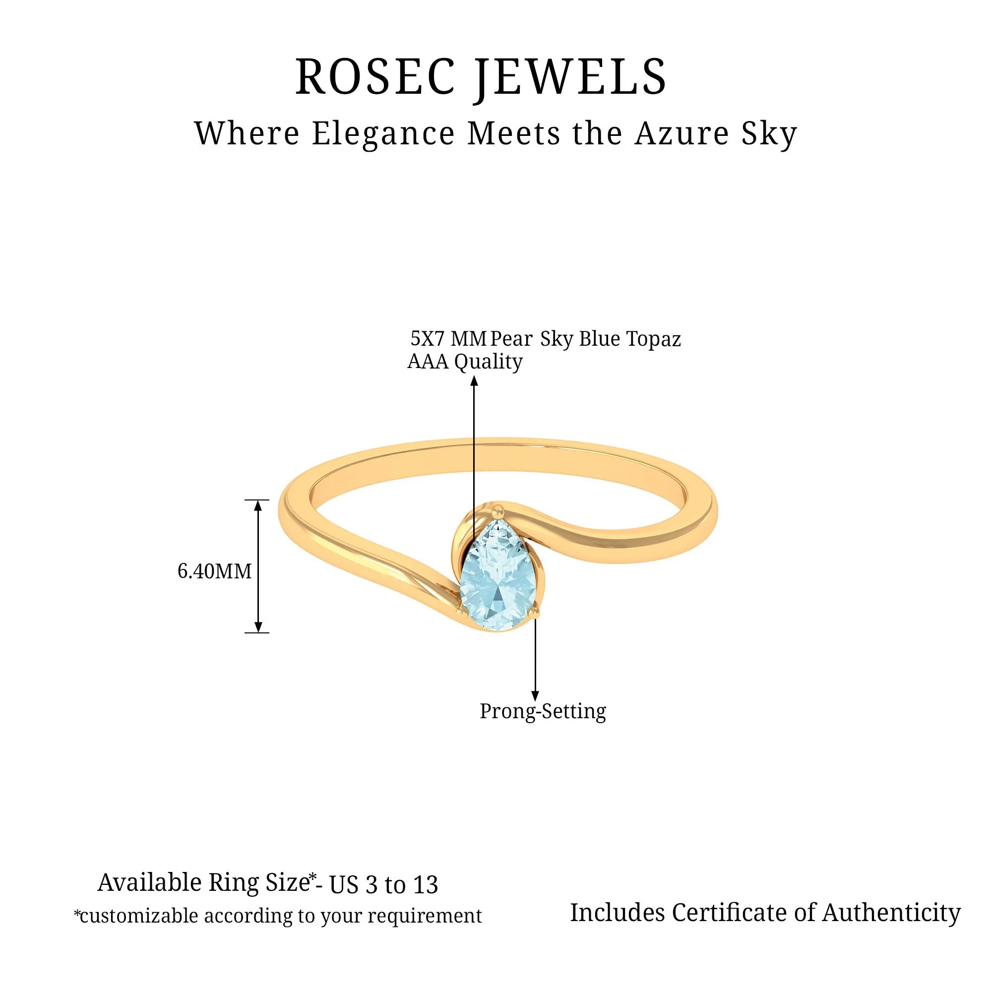 Pear Cut Sky Blue Topaz Solitaire Bypass Ring