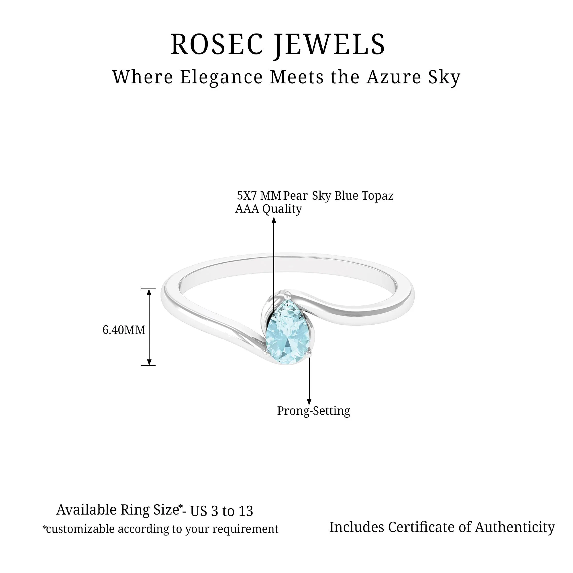 Pear Cut Sky Blue Topaz Solitaire Bypass Ring