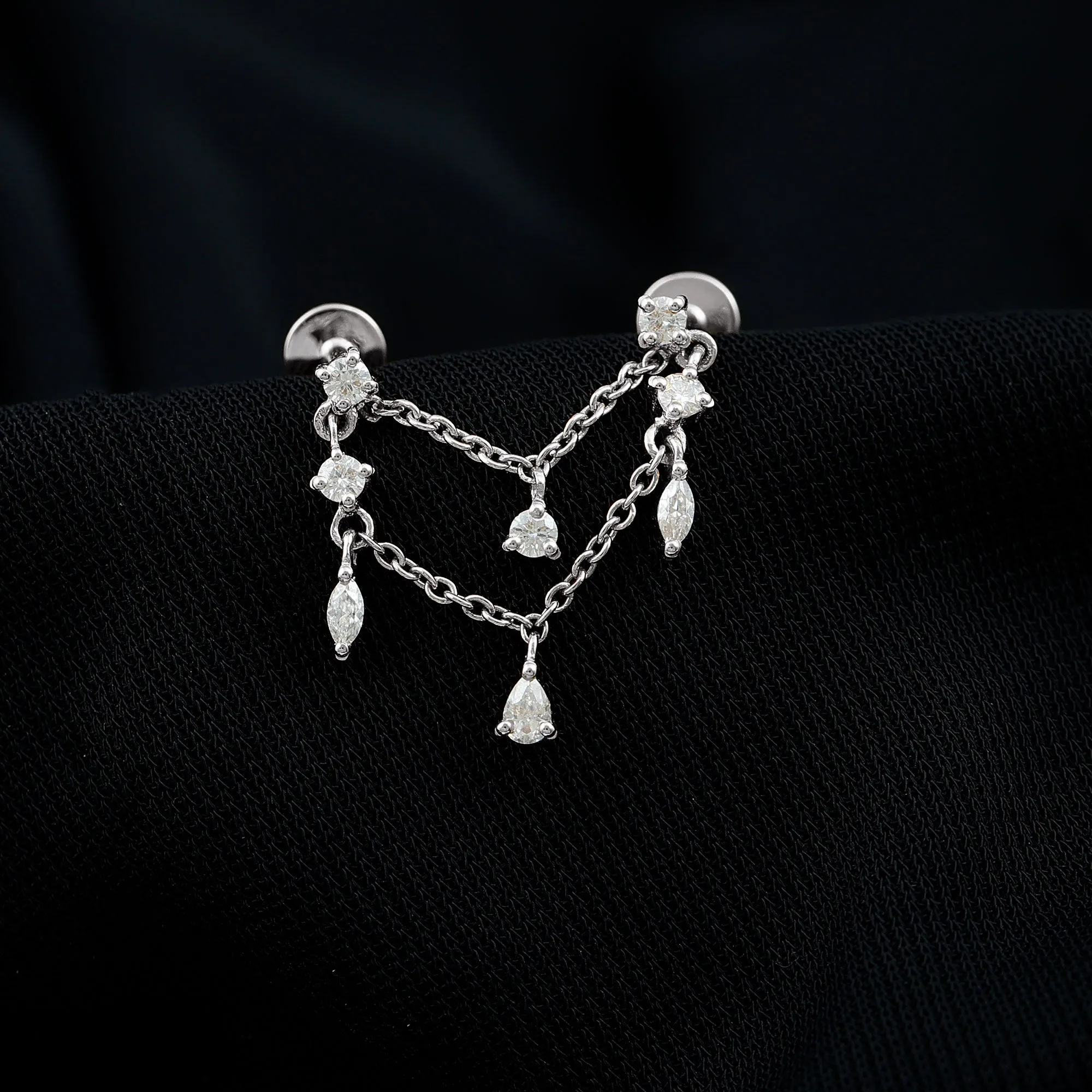 Real Diamond Double Chain Earring for Cartilage Piercing