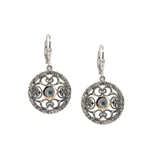 Silver and 10k Gold Whirlpool Leverback Filigree Earrings - Sky Blue Topaz