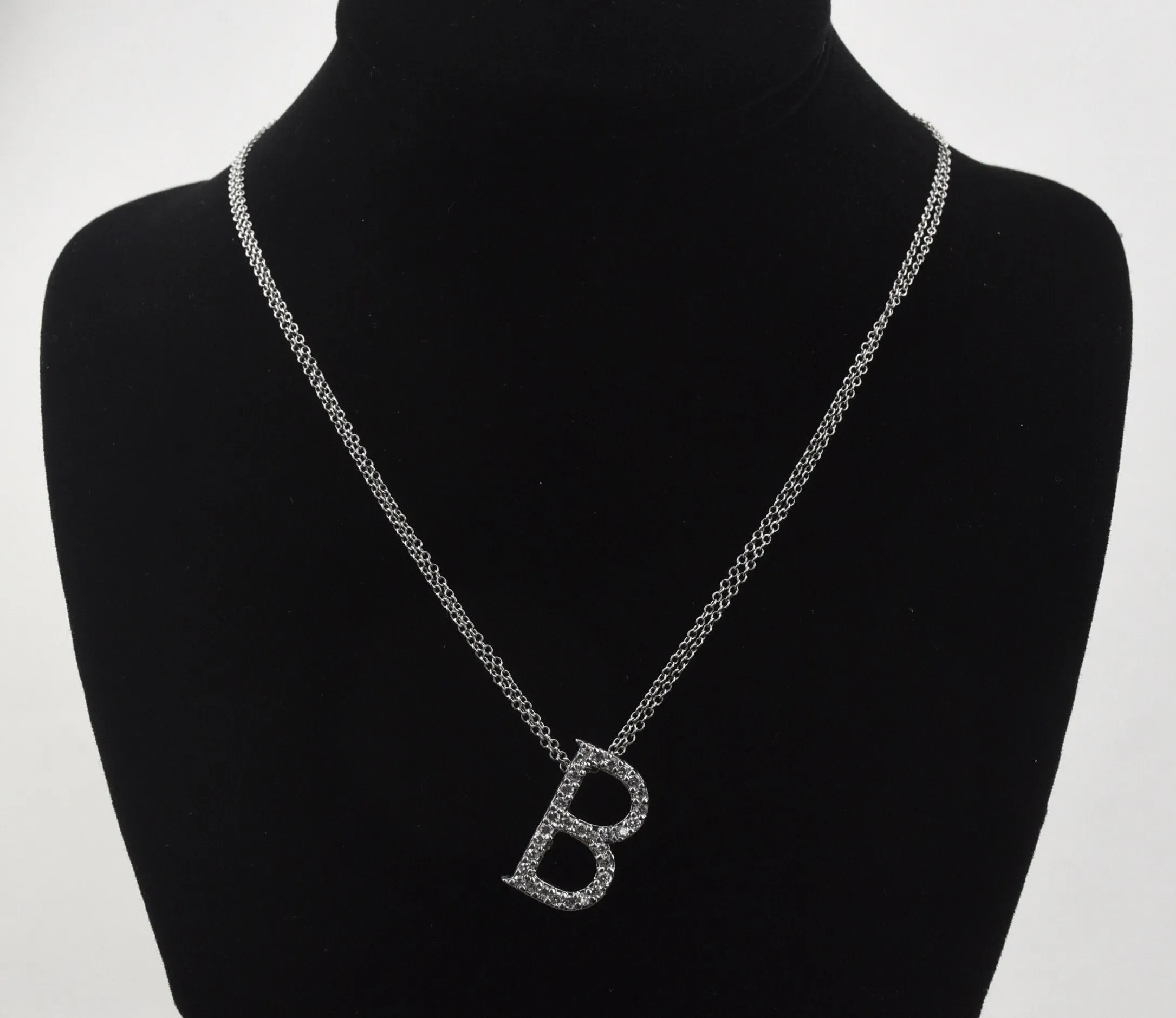 Sterling Silver Cubic Zirconia "B" Pendant on Double Strand Sterling Silver Chain Necklace - 20"