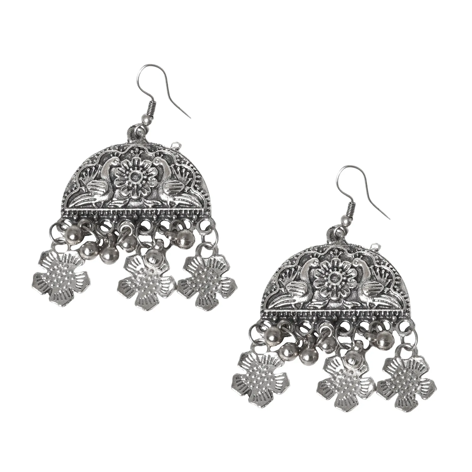 Teejh Faiza Silver Oxidised Floral Long Necklace Set