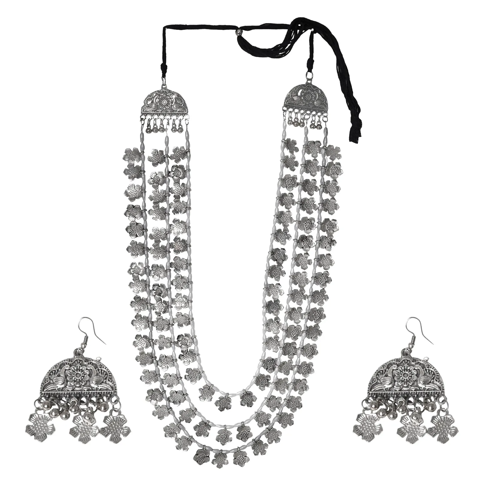 Teejh Faiza Silver Oxidised Floral Long Necklace Set