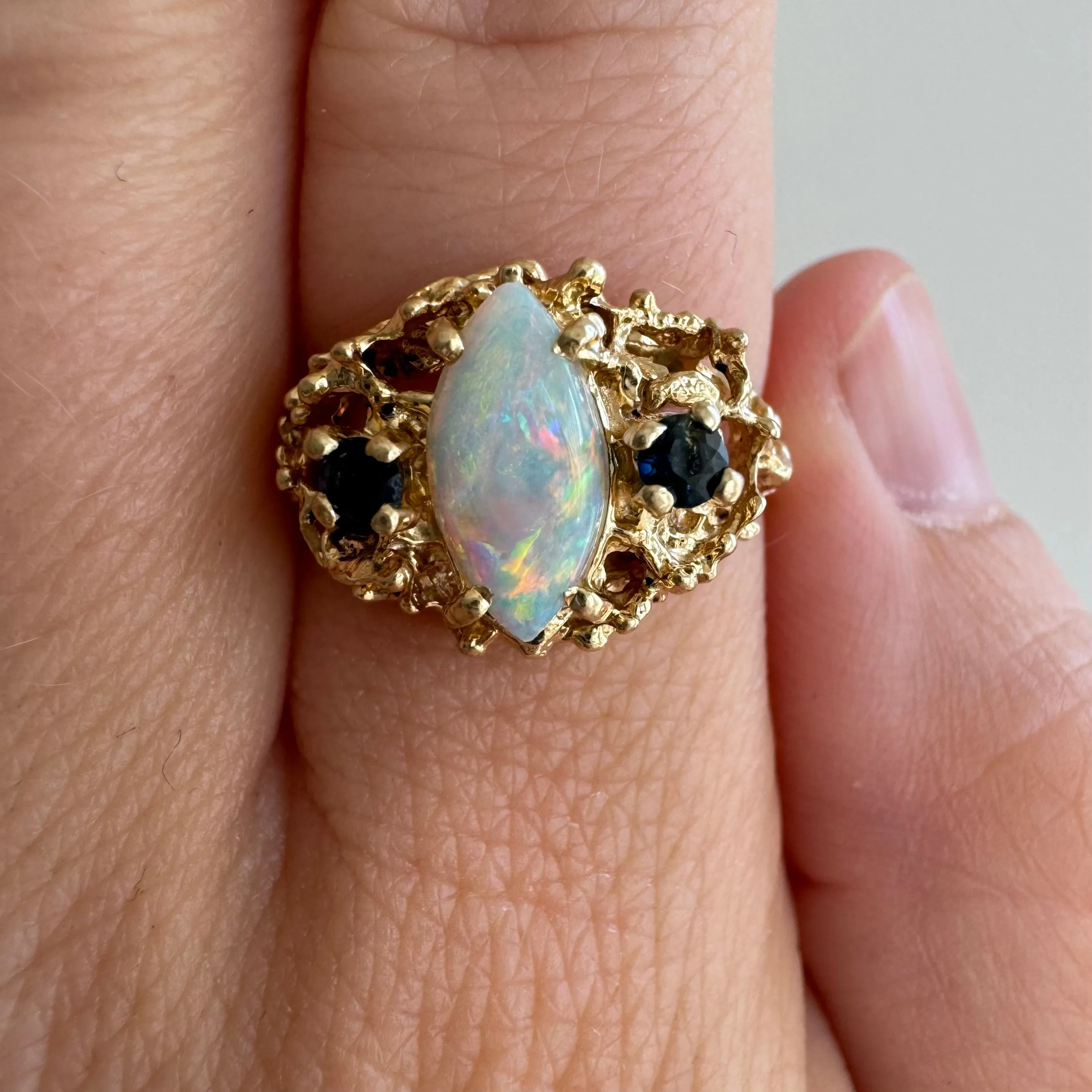 V I N T A G E // the mermaid's ring / 14k brutalist setting with opal and blue stones / size 6.25