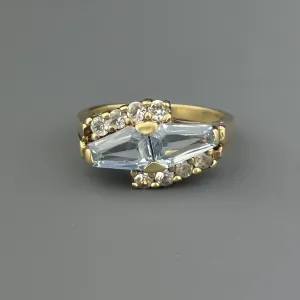 Vintage 10K Gold Blue and White Topaz Trapezoid Ring, Sz 5 1/4