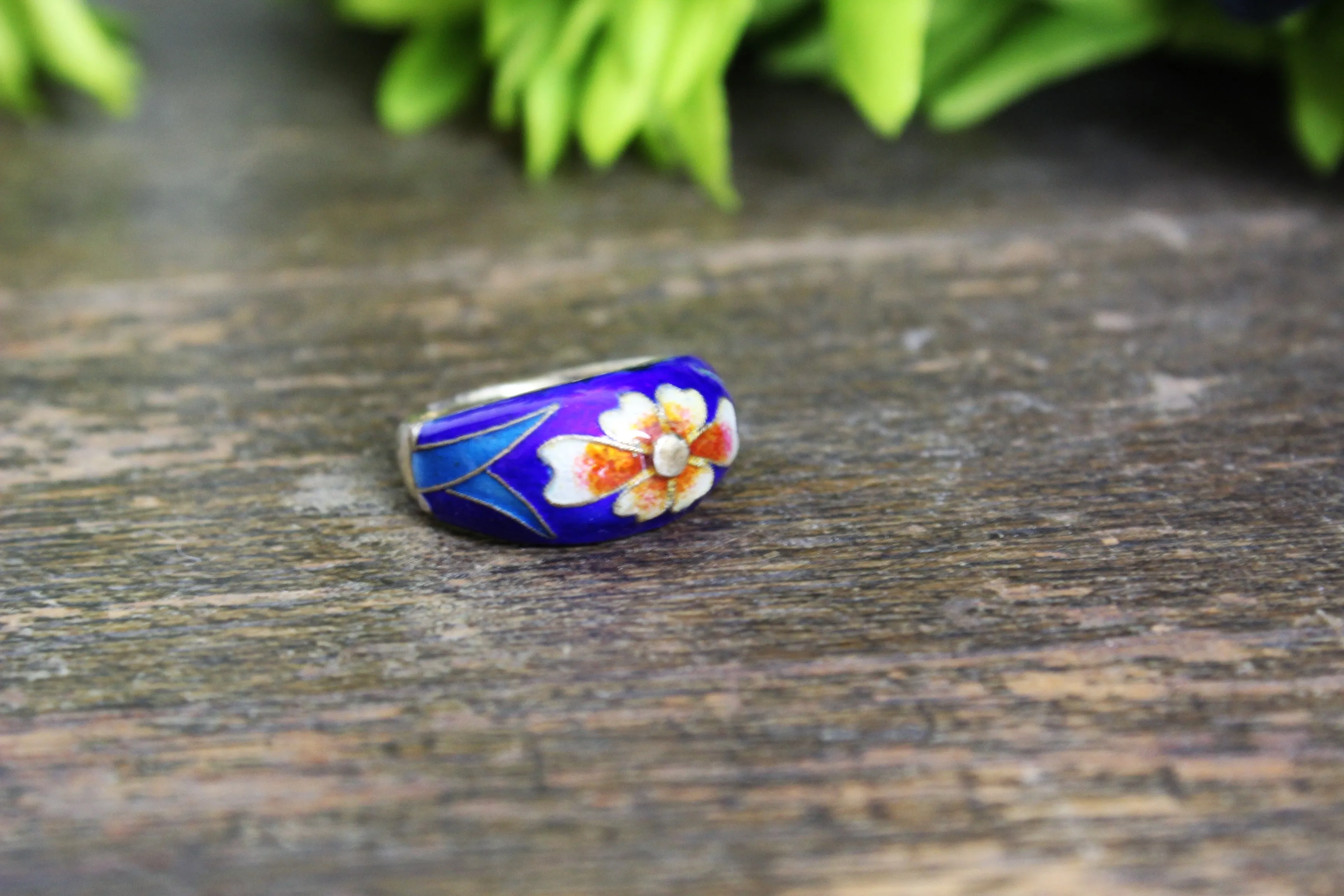 Vintage 1970s Or Earlier Silver Cloisonne Ring