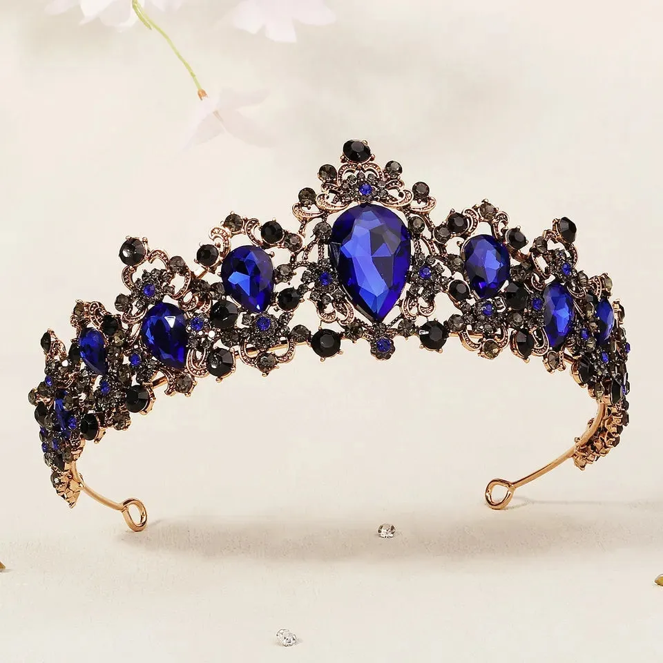 Vintage Dark Blue Tiara Crown Royal Princess Queen Bridgerton gift bridal goth cosplay diadem