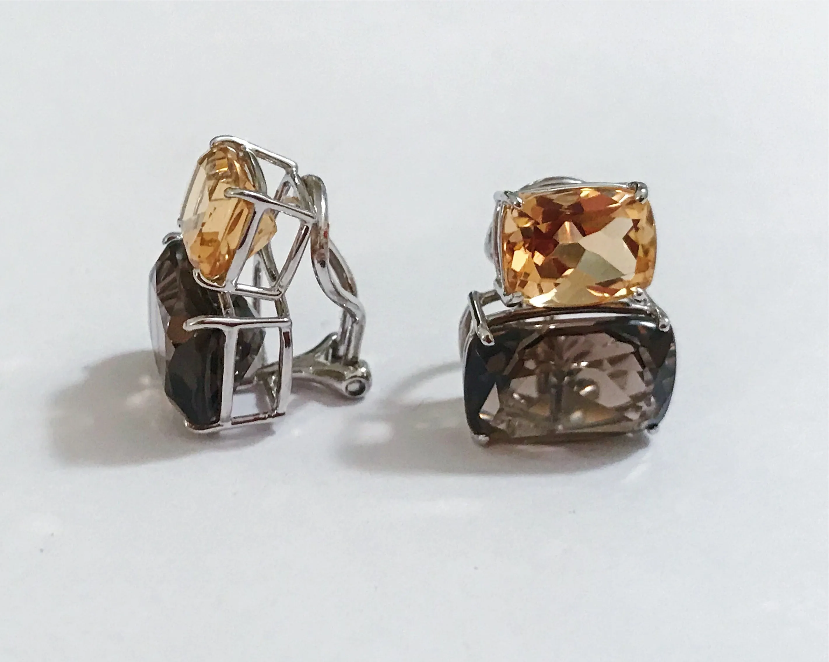 White Gold Double Cushion Earrings with Citrine and Smokey Topaz