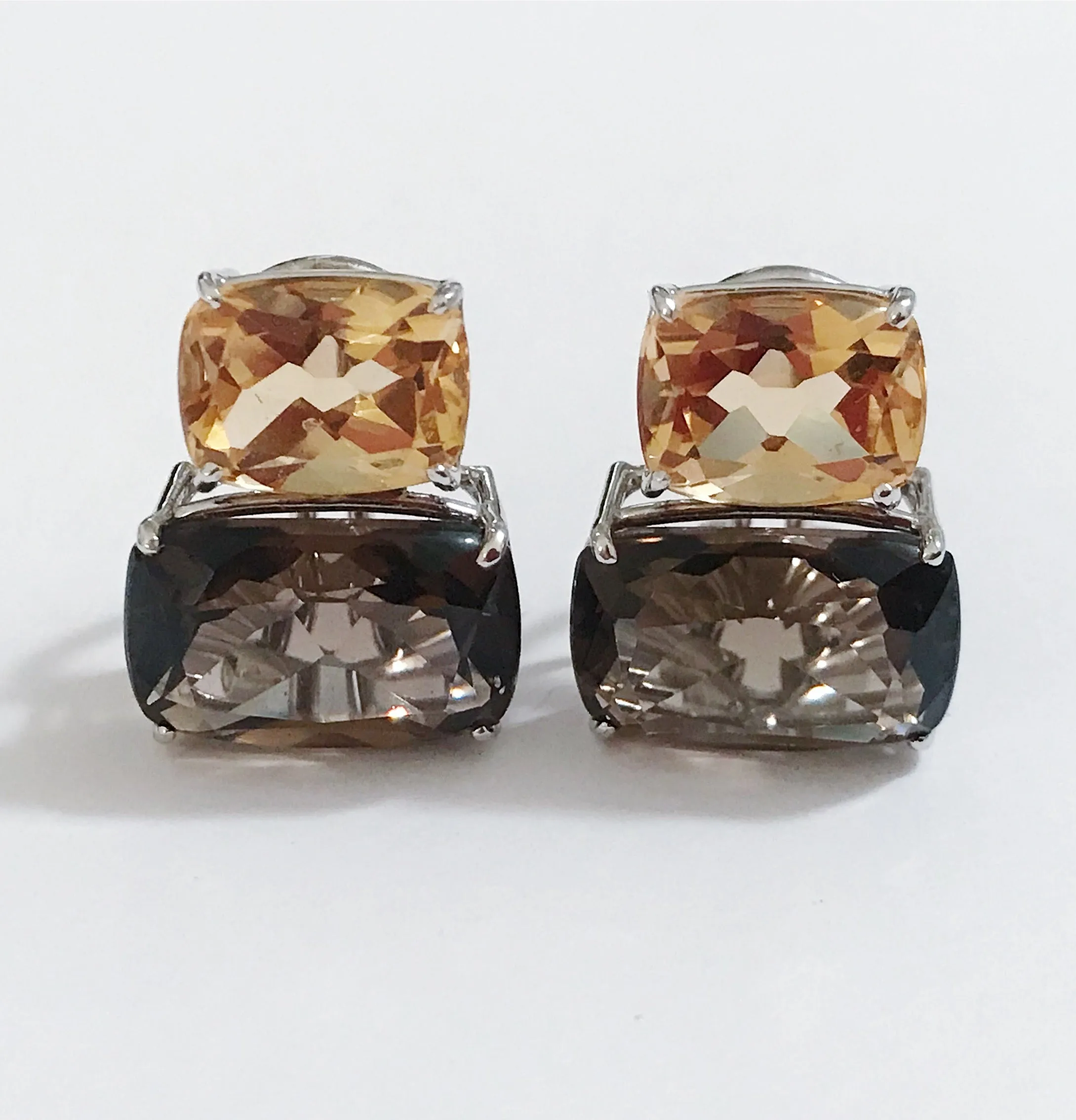 White Gold Double Cushion Earrings with Citrine and Smokey Topaz